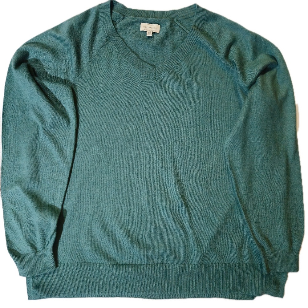 Lucky Brand Sweater Mens Large Green V Neck Cotton Blend‎ Pullover Knit Casual